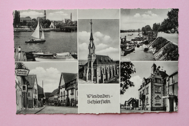 Ansichtskarte Foto AK Schierstein 1950-1970 Katholische Kirche Hafen Wilhelmstraße Rathaus Architektur Ortsansicht Hessen